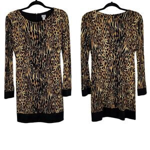 Vintage 80's Cache Mini Dress 2 Black Animal Leopard Long Sleeve Tunic Shift Mod